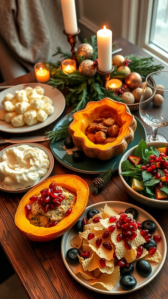 A festive vegan Christmas dinner with stuffed butternut squash, mashed potatoes, and a winter salad on a decorated table.